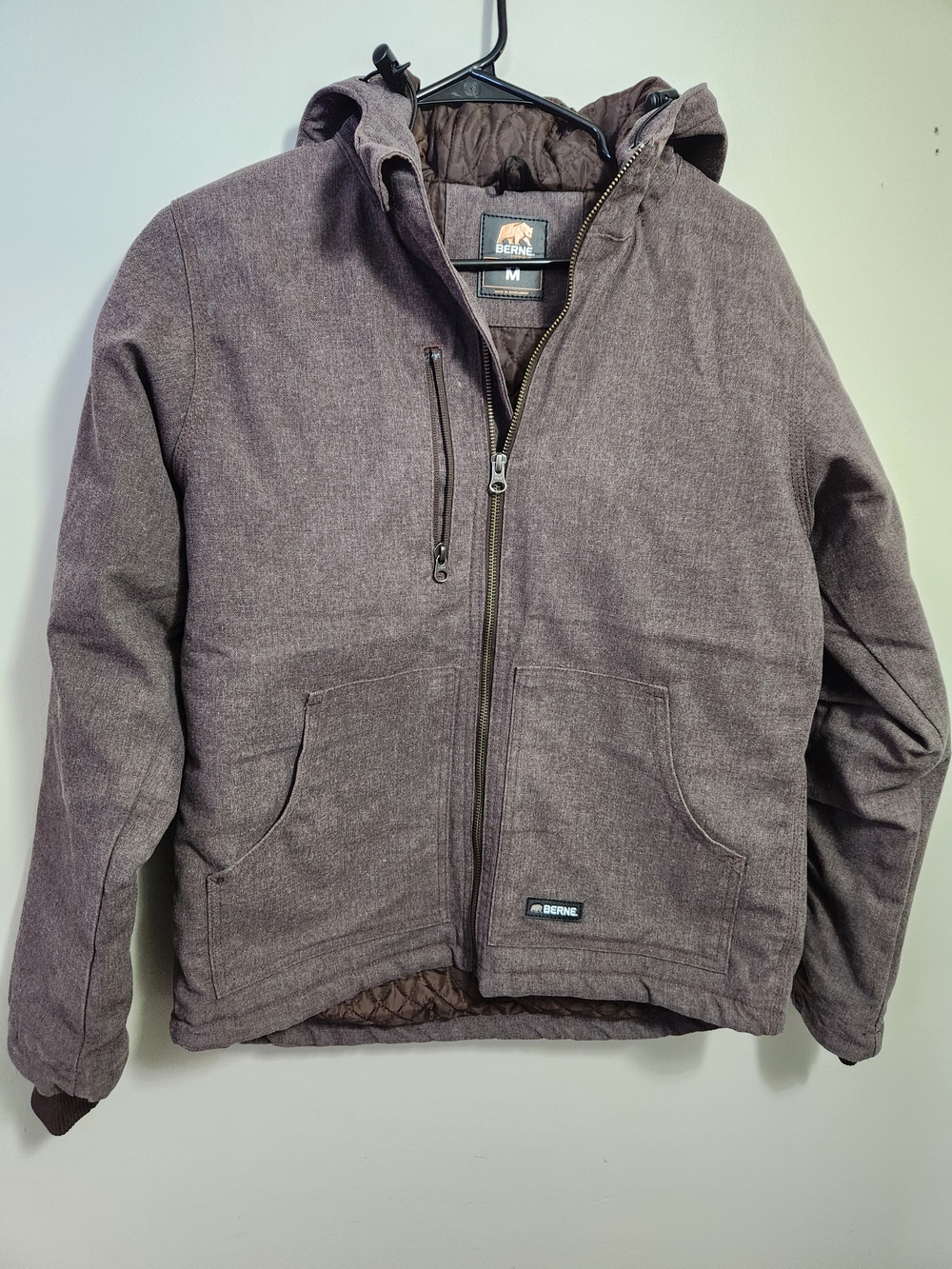 Womens Berne Brown Hooded Work Jacket - Insulated Zip Front M Medium